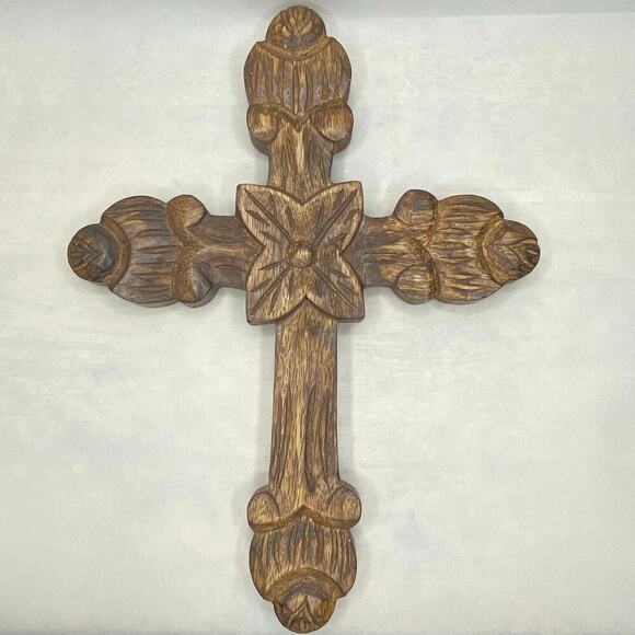 Wood Craved Detailed Cross Made in India Wall Hanging Flower Center Handmade - Picture 2 of 8